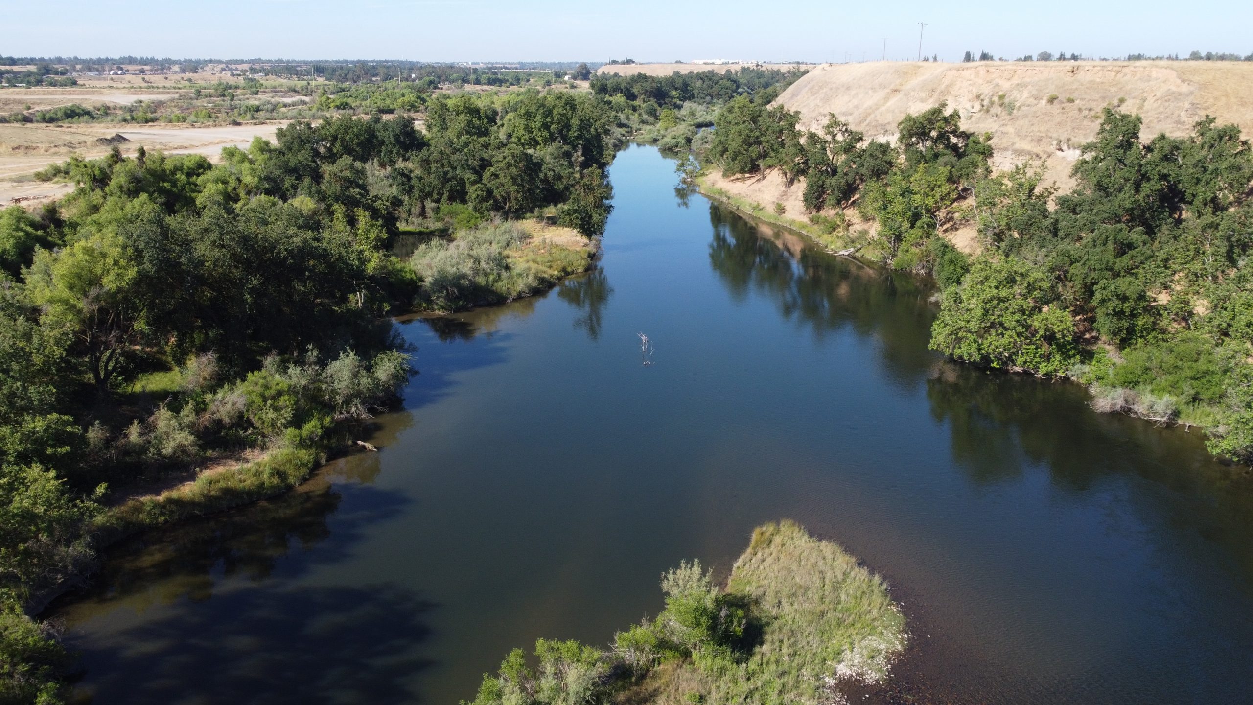 aerial view of river with green border of trees